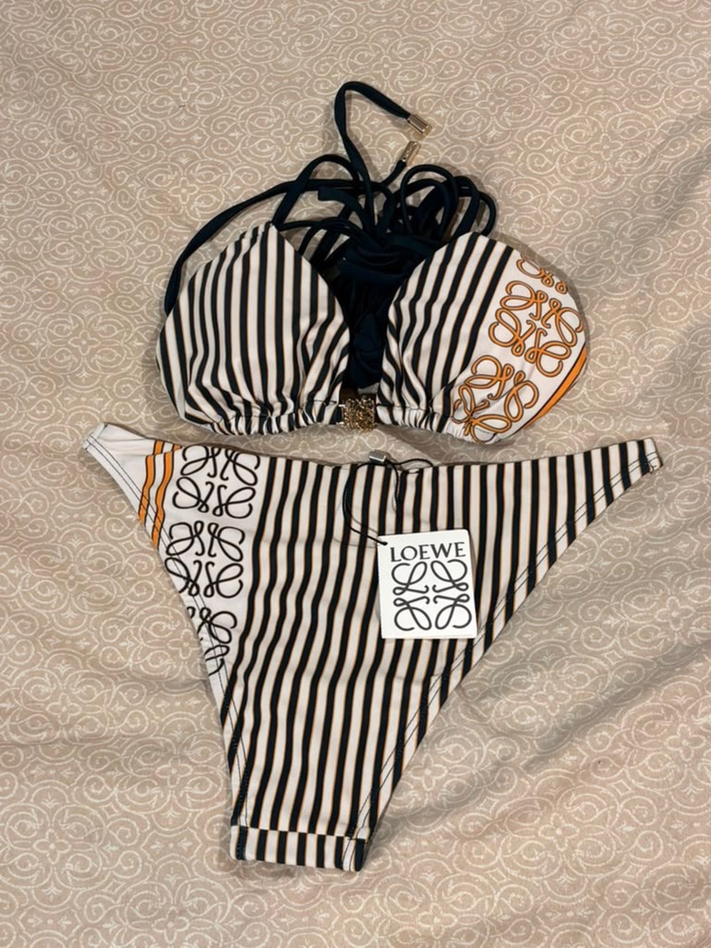 Loewe Striped Logo Bikini Set in Black, Cream and Gold